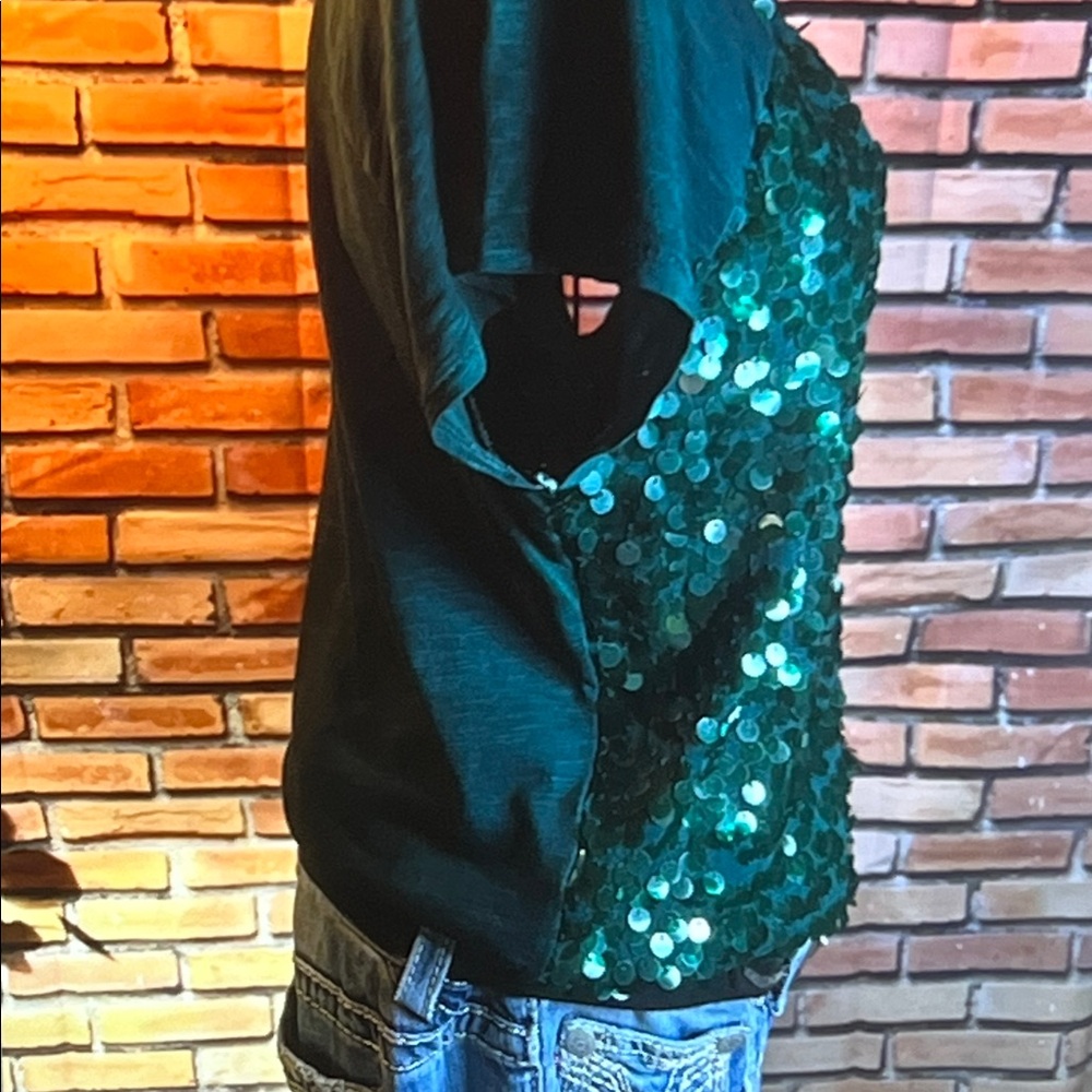 👚 (Ann Taylor) Loft Large Sequin T-Shirt Blouse - Emerald Green - Sz Large - Picture 5 of 6